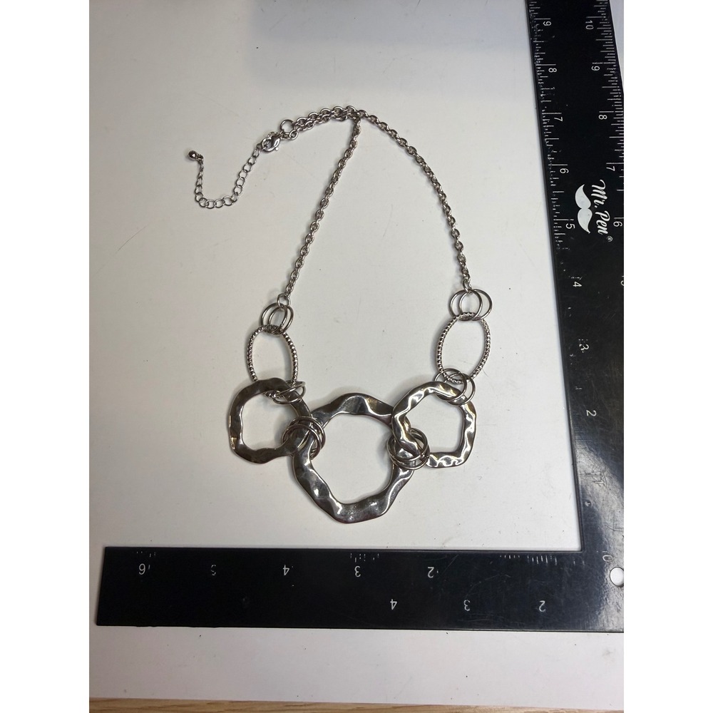 Silver Tone Hammered Organic Ring Statement Necklace Interlocking Wavy Links